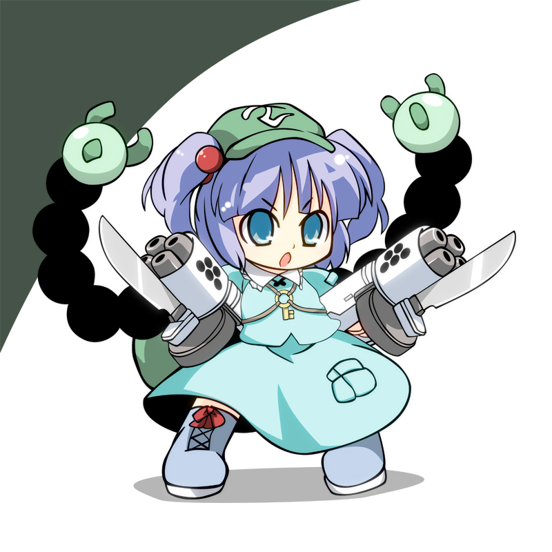 sasurai, kawashiro nitori, touhou, 1girl, backpack, bag, blue eyes, blue hair, chibi, female focus, hair bobbles, hair ornament, hat, key, matching hair/eyes, randoseru, short hair, solo, twintails, two side up