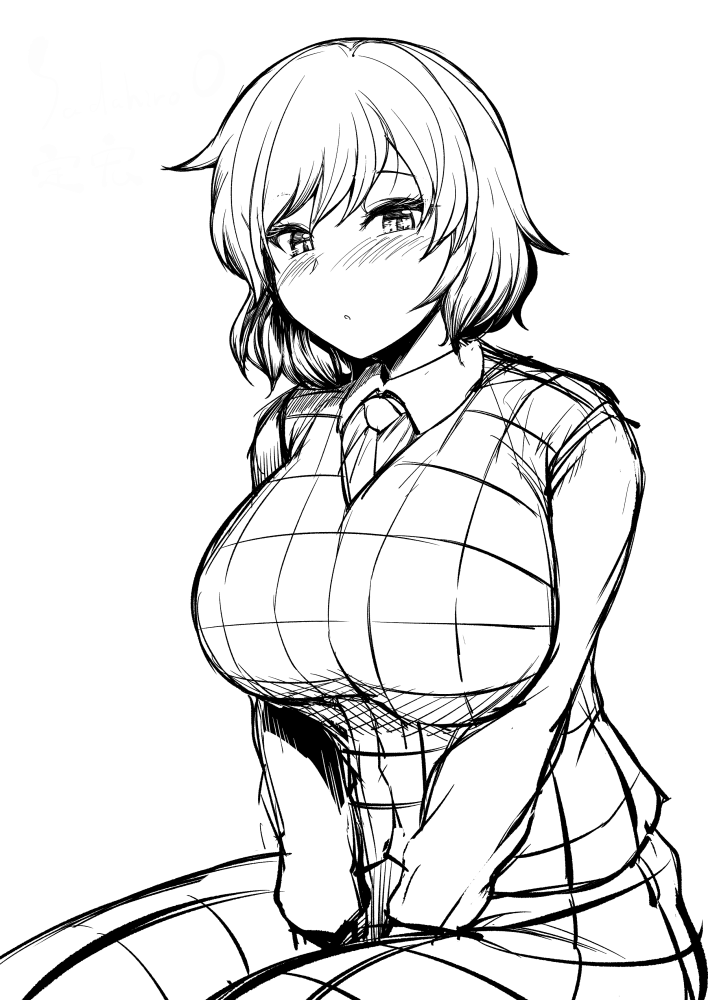 sadahiro (chicken nugget gyuuniku aji), kazami yuuka, touhou, commentary request, 1girl, ascot, between legs, blush, breasts, collared shirt, cowboy shot, gingham skirt, gingham vest (clothing), greyscale, hand between legs, large breasts, looking at viewer, monochrome, open mouth, shirt, short hair, simple background, skirt, skirt set, solo