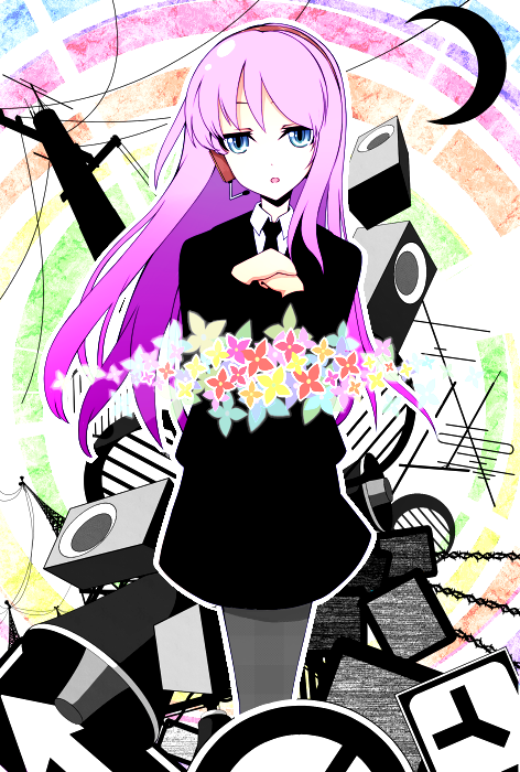 otogi kyouka, hatsune miku (saihate), megurine luka, saihate (vocaloid), vocaloid, blazer, blue eyes, formal clothes, jacket, long hair, necktie, pink hair, solo