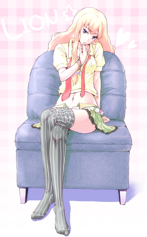 ai tama (pixiv), aidama (td1143), sheryl nome, macross, macross frontier, 00s, 1girl, blonde hair, crossed legs, female focus, full body, grey thighhighs, legs, midriff, navel, sitting, solo, striped clothes, striped thighhighs, thighhighs, vertical-striped clothes, vertical-striped thighhighs