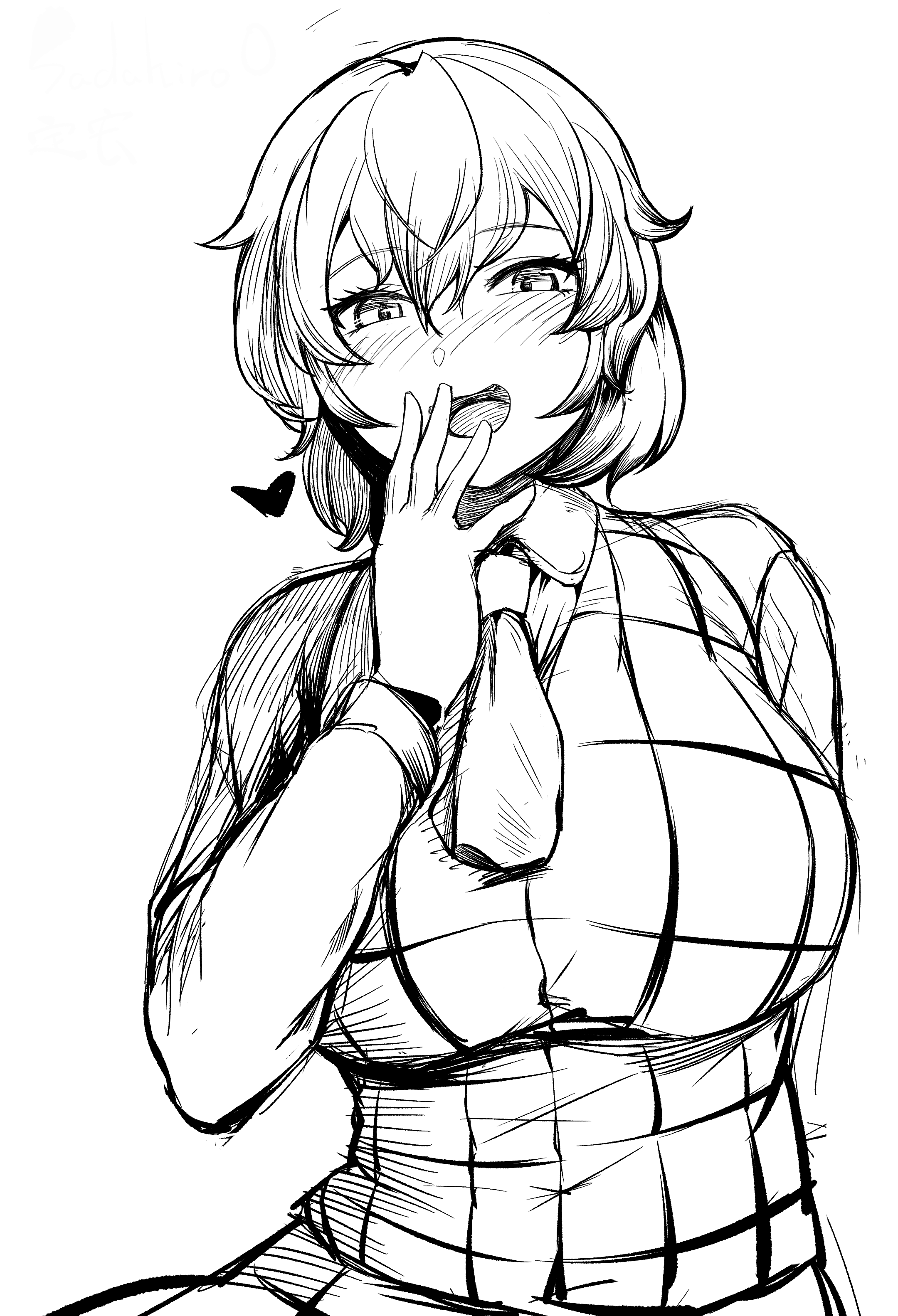sadahiro (chicken nugget gyuuniku aji), kazami yuuka, touhou, absurdres, commentary request, highres, 1girl, ascot, blush, breasts, collared shirt, gingham vest (clothing), greyscale, hair between eyes, hand up, heart, large breasts, long sleeves, looking at viewer, monochrome, nose blush, open mouth, shirt, short hair, simple background, smile, solo, upper body