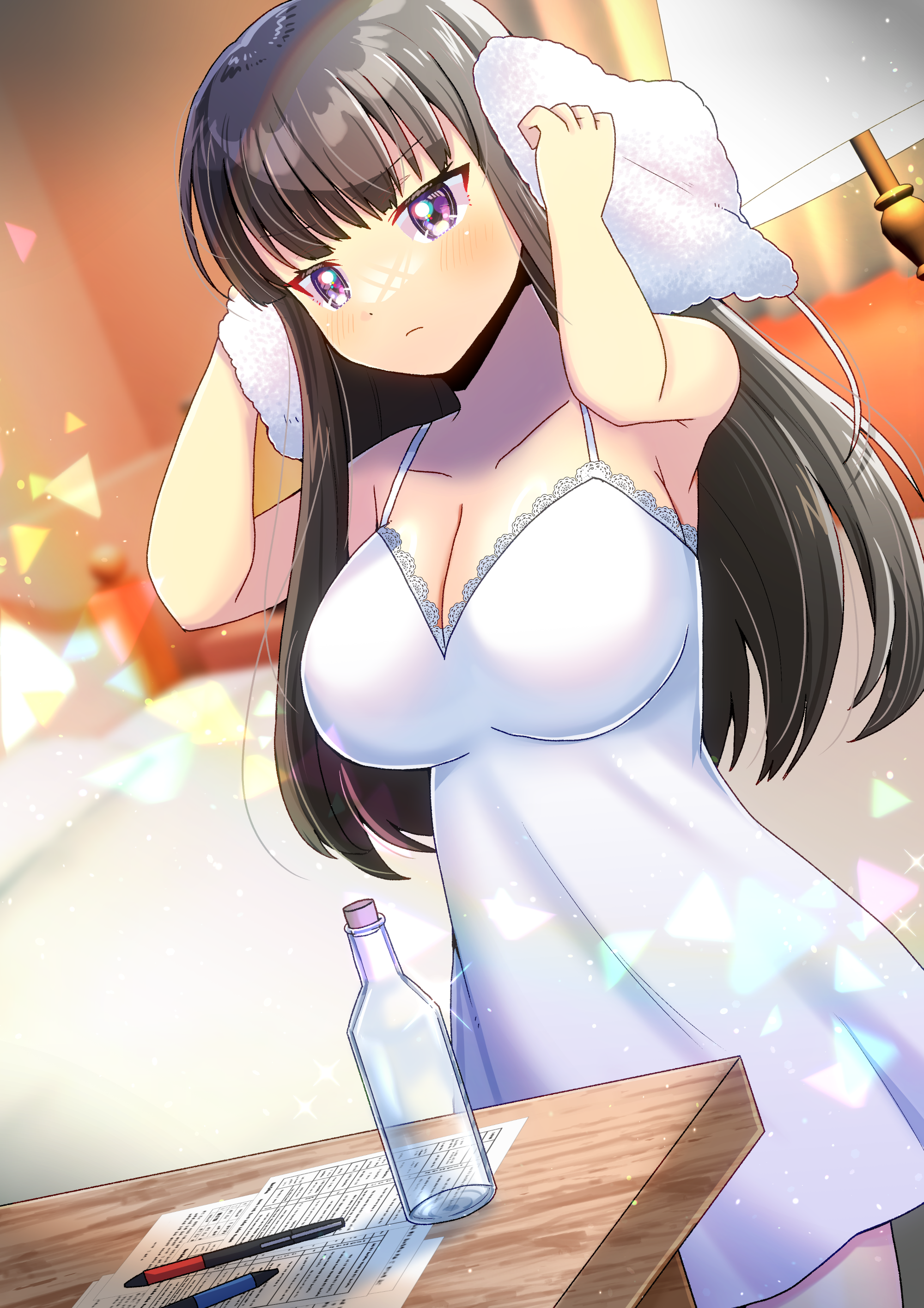 kou hiyoyo, umineko no naku koro ni, absurdres, commission, highres, skeb commission, 1girl, arms up, bare arms, bare shoulders, bed, black hair, blurry, blurry background, blush, bottomless, breasts, cleavage, closed mouth, collarbone, cork, depth of field, dress, dutch angle, holding, holding towel, indoors, lace, lace-trimmed dress, lace trim, large breasts, long hair, lunon (umineko), pen, purple eyes, sleeveless, sleeveless dress, solo, towel, v-shaped eyebrows, very long hair, white dress
