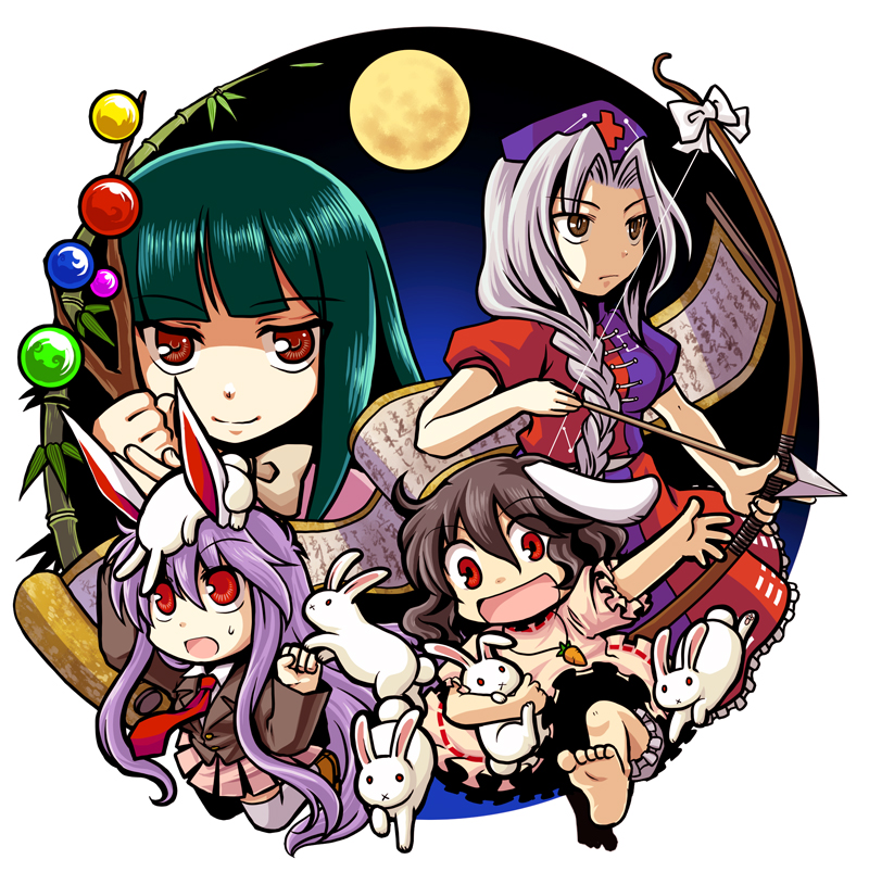 socha, houraisan kaguya, inaba tewi, reisen udongein inaba, yagokoro eirin, touhou, silver hair, 4girls, animal ears, arrow (projectile), bamboo, bamboo forest, barefoot, black hair, blazer, bow (weapon), braid, branch, brown eyes, carrot, chibi, feet, female focus, forest, green hair, hat, jacket, jeweled branch of hourai, long hair, moon, multiple girls, nature, necktie, purple hair, rabbit, rabbit ears, red eyes, scroll, short hair, simple background, skirt, smile, thighhighs, weapon, x mouth