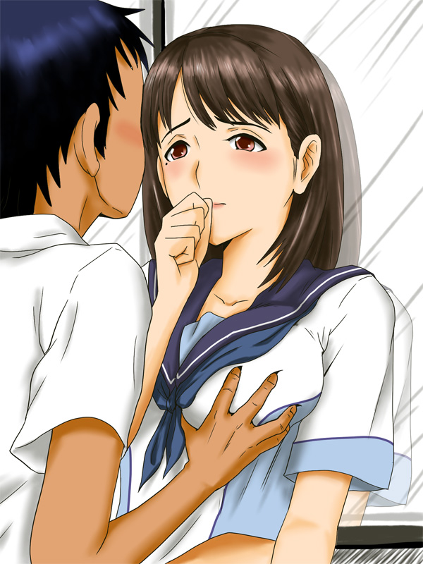 7001, anegasaki nene, love plus, 1girl, blush, breasts, brown hair, grabbing another's breast, groping, large breasts, mole, mole under eye, red eyes, school uniform, serafuku, short hair