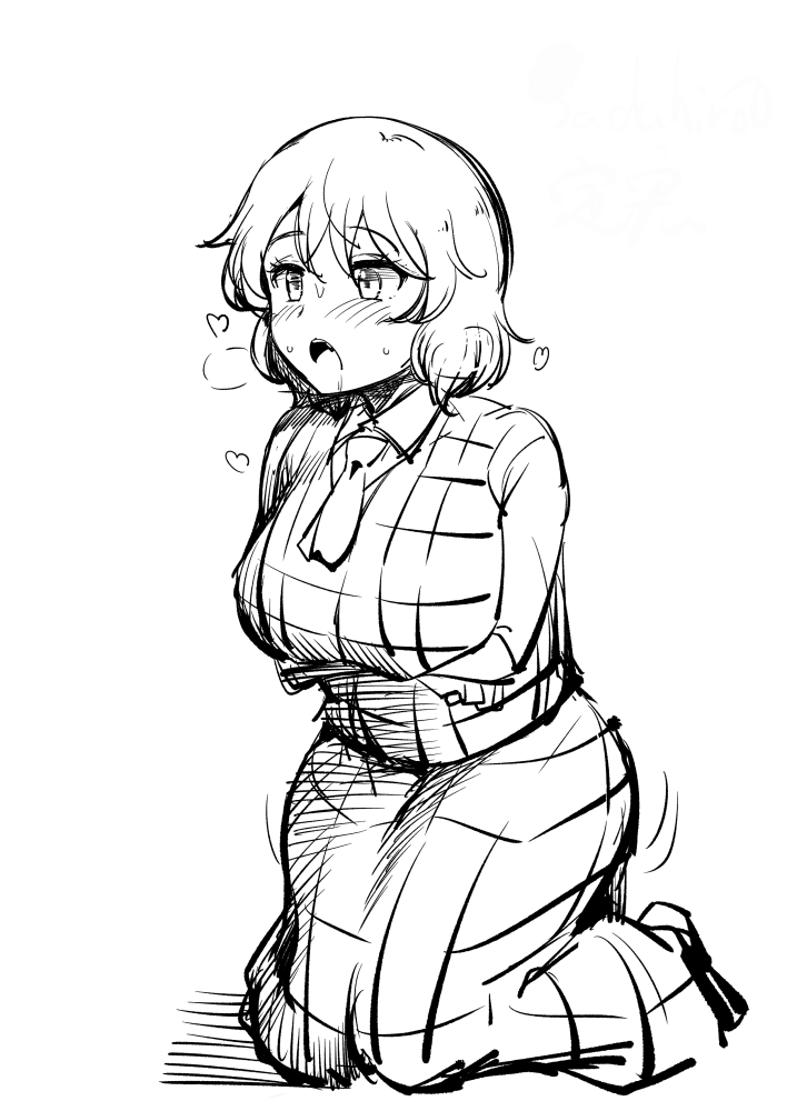 sadahiro (chicken nugget gyuuniku aji), kazami yuuka, touhou, commentary request, 1girl, :o, arms under breasts, ascot, blush, breasts, full body, gingham vest (clothing), greyscale, heart, kneeling, large breasts, long sleeves, looking afar, monochrome, open mouth, shirt, simple background, sketch, skirt, solo, sweat, vest