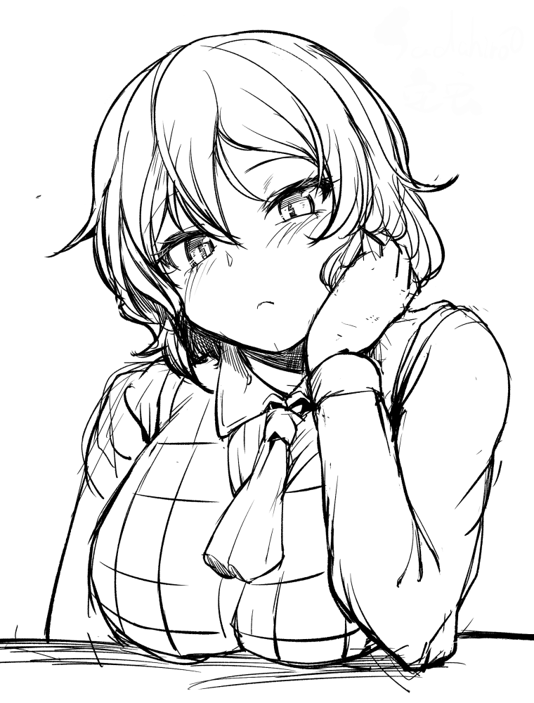 sadahiro (chicken nugget gyuuniku aji), kazami yuuka, touhou, commentary request, 1girl, ascot, blush, breasts, closed mouth, collared shirt, expressionless, gingham vest (clothing), greyscale, hand on own cheek, hand on own face, large breasts, long sleeves, looking at viewer, monochrome, shirt, short hair, simple background, sketch, solo, upper body, vest