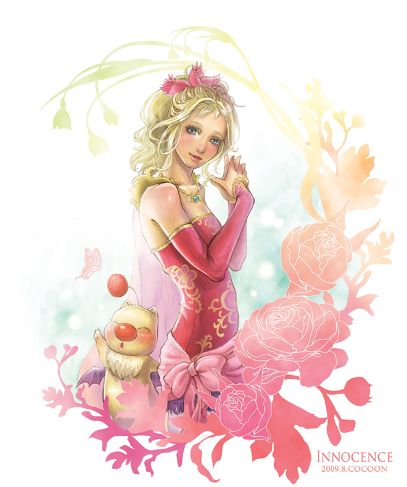 cocoon (yuming4976), moogle, tina branford, final fantasy, final fantasy vi, 1990s (style), 1girl, blue eyes, bow, cape, detached sleeves, flower, green hair, head tilt, jewelry, necklace, pantyhose, pink bow, ponytail, retro artstyle, snowbell (flower)
