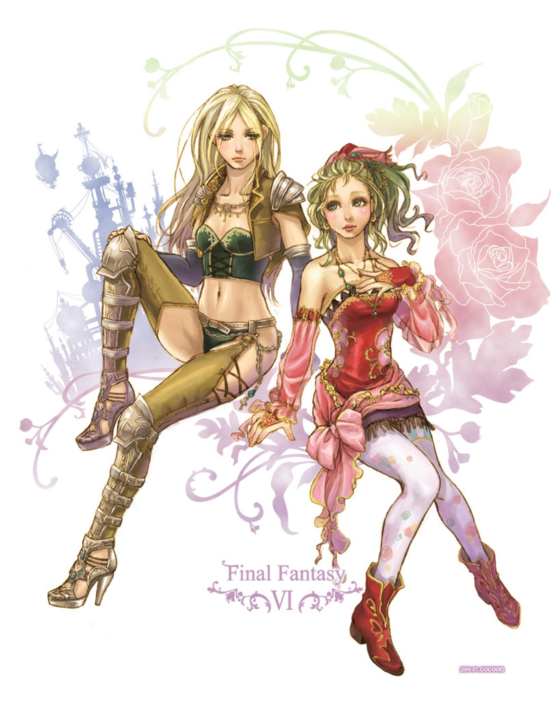 cocoon (yuming4976), celes chere, tina branford, final fantasy, final fantasy vi, 1990s (style), 2girls, ||/, blonde hair, blue eyes, boots, bridal gauntlets, elbow gloves, fingerless gloves, flower, gloves, green hair, long hair, midriff, multiple girls, navel, pantyhose, ponytail, retro artstyle, sword, thighhighs, weapon