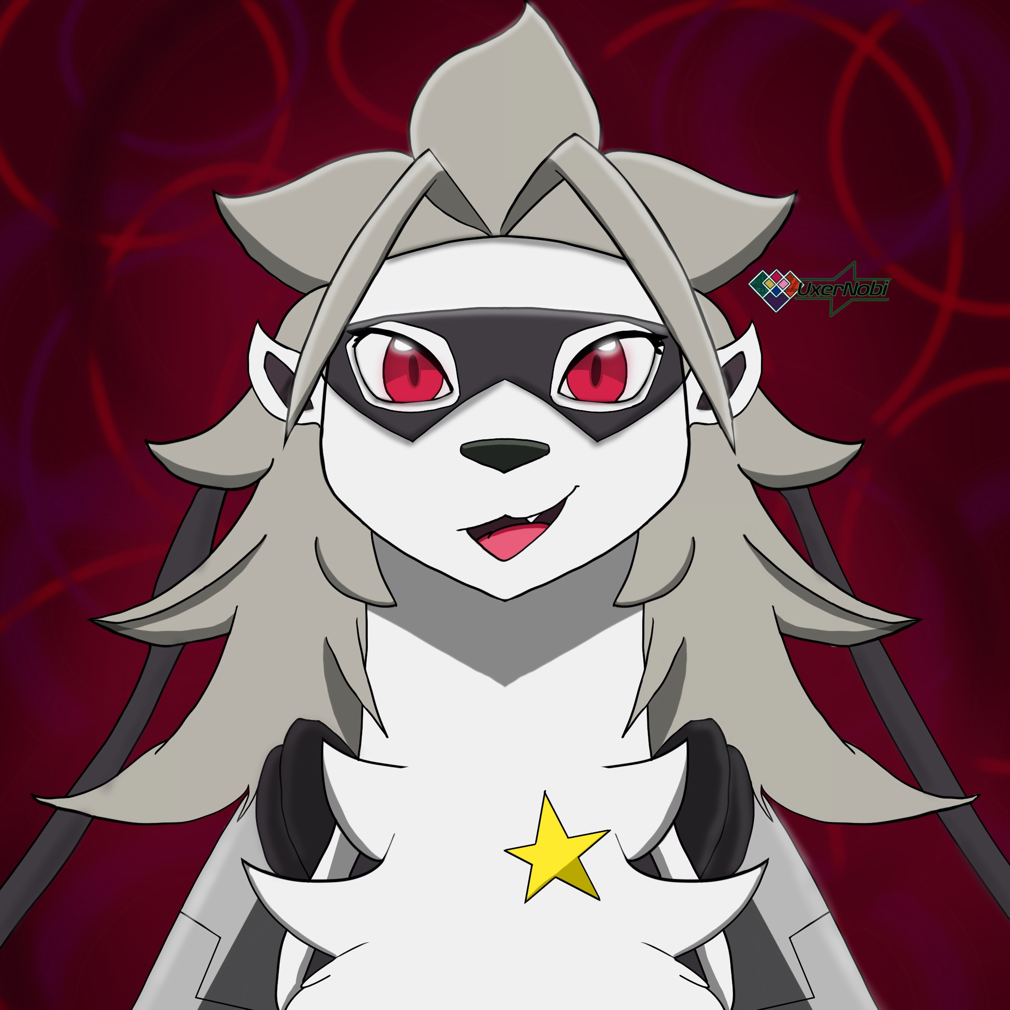 wolvermon, digimon, digimon (creature), fang, looking at viewer, mask, red eyes, smile, star (symbol), uxernobi