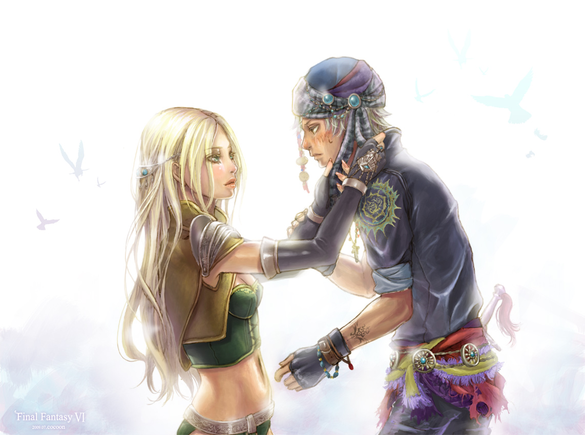 cocoon (yuming4976), celes chere, locke cole, final fantasy, final fantasy vi, bad id, bad pixiv id, 1990s (style), 1boy, 1girl, aqua eyes, bird, blonde hair, elbow gloves, fingerless gloves, gloves, hair ornament, long hair, midriff, sword, tears, weapon