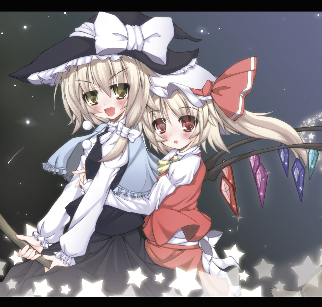 futase hijiri, sousera kiyoshi, flandre scarlet, kirisame marisa, touhou, 2girls, blonde hair, broom, broom riding, fang, female focus, hat, multiple girls, multiple riders, ponytail, red eyes, short hair, side ponytail, wings, witch, witch hat, yellow eyes
