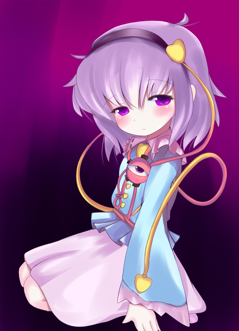 komeiji satori, touhou, bad id, bad pixiv id, 1girl, blush, eyeball, female focus, gradient background, hairband, heart, purple eyes, purple hair, short hair, skirt, solo