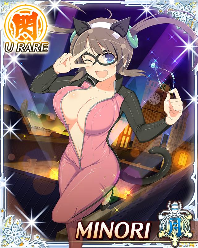 minori (senran kagura), senran kagura, senran kagura new wave, game cg, official art, third-party source, 1girl, :d, animal ears, blue eyes, bodysuit, breasts, brown hair, burglar, card (medium), cat ears, cat tail, character name, cityscape, cleavage, eye mask, fang, green hair ornament, hairband, high heels, holding, holding jewelry, holding necklace, jewelry, large breasts, long hair, looking at viewer, mask, multicolored bodysuit, navel, necklace, one eye closed, open mouth, partially unzipped, pink bodysuit, ring hair ornament, running, smile, solo, standing, tail, theft, twintails, two-tone bodysuit, v, v over eye, white hairband, yellow pupils