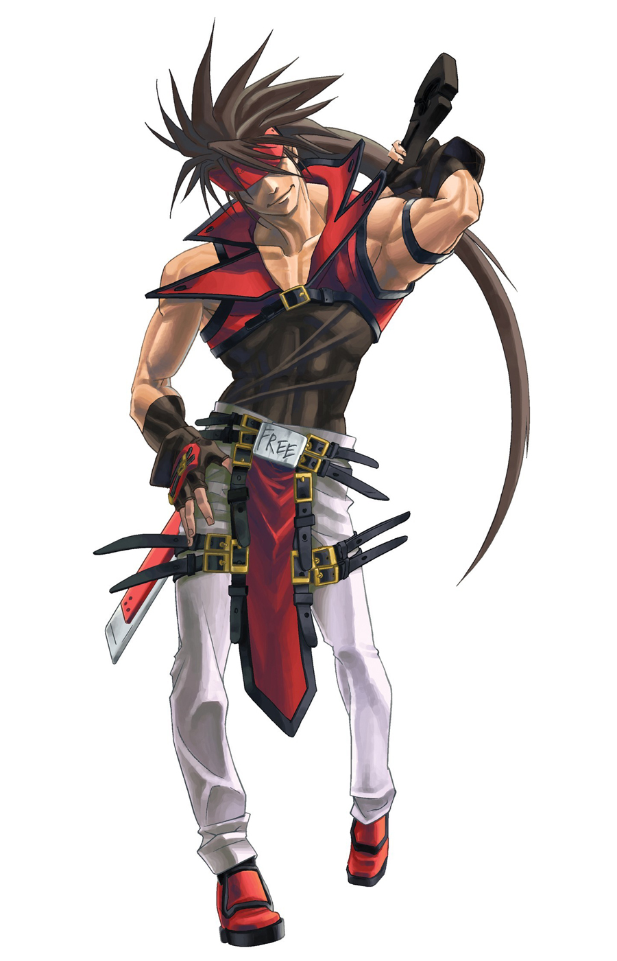 ishiwatari daisuke, sol badguy, arc system works, guilty gear, guilty gear isuka, guilty gear x, guilty gear xx, highres, official art, 1boy, brown hair, fingerless gloves, gloves, headband, male focus, solo, sword, weapon