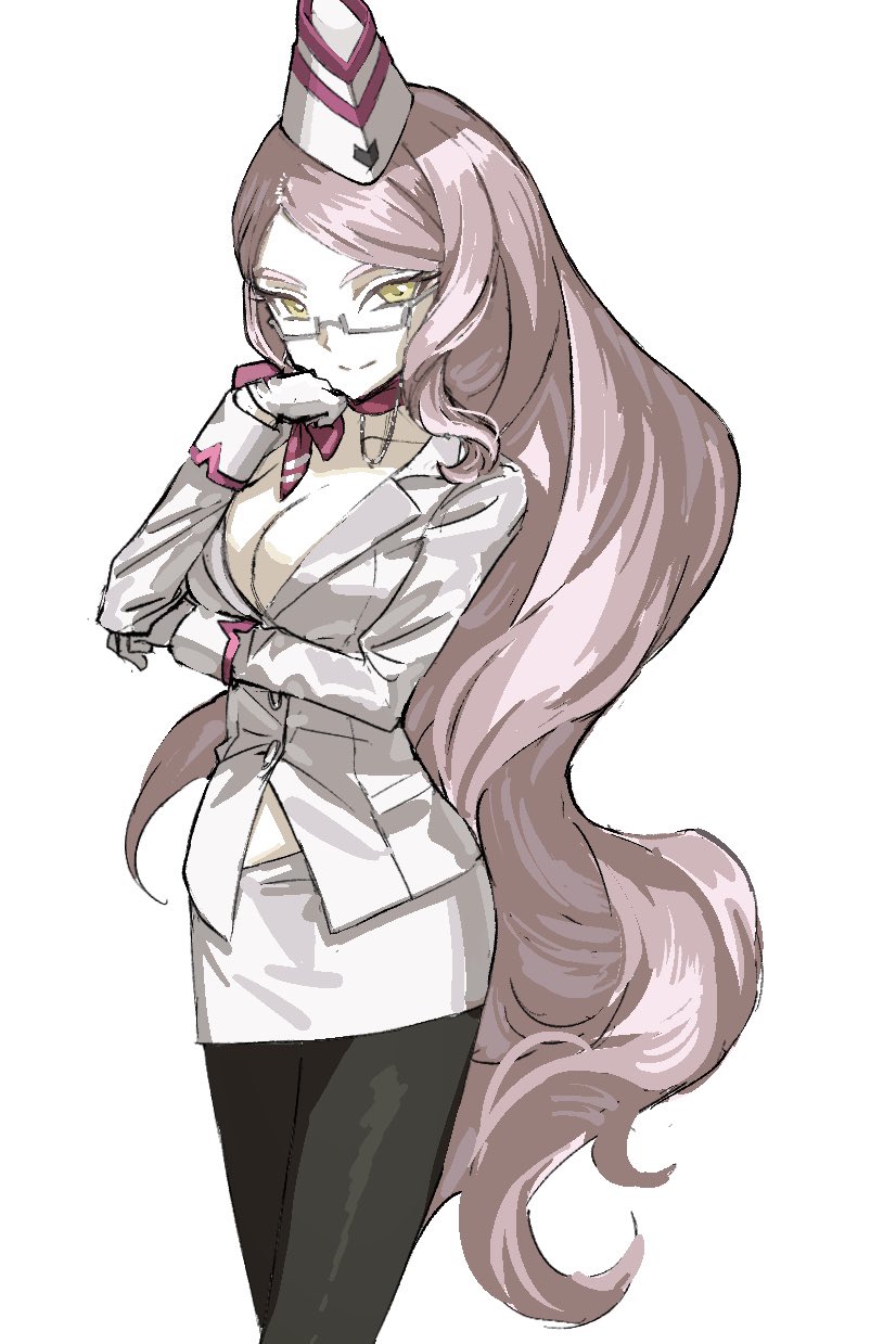 fgolz7l, koyanskaya (fate), koyanskaya (foreigner) (first ascension) (fate), fate/grand order, fate (series), highres, 1girl, black pantyhose, breasts, cleavage, glasses, gloves, hat, large breasts, long hair, looking at viewer, pantyhose, pencil skirt, pink hair, skirt, solo, white gloves, white hat, white skirt, yellow eyes