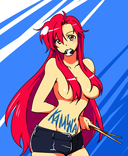 rikko, rikko (peso), yoko littner, tengen toppa gurren lagann, 00s, 1girl, body writing, breasts, brown eyes, censored, censored nipples, convenient censoring, female focus, hair censor, hair down, hair over breasts, long hair, mouth hold, no bra, red hair, short shorts, shorts, solo, topless female, very long hair