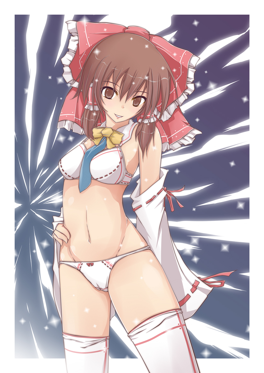 natsume riu, hakurei reimu, subterranean animism, touhou, highres, 1girl, bow, bow panties, bowtie, bra, breasts, brown eyes, brown hair, detached sleeves, female focus, gradient background, hair bow, hand on own hip, hip focus, lingerie, navel, necktie, panties, short hair, smile, solo, standing, thighhighs, underwear, underwear only, white background, white bra, white panties, white thighhighs
