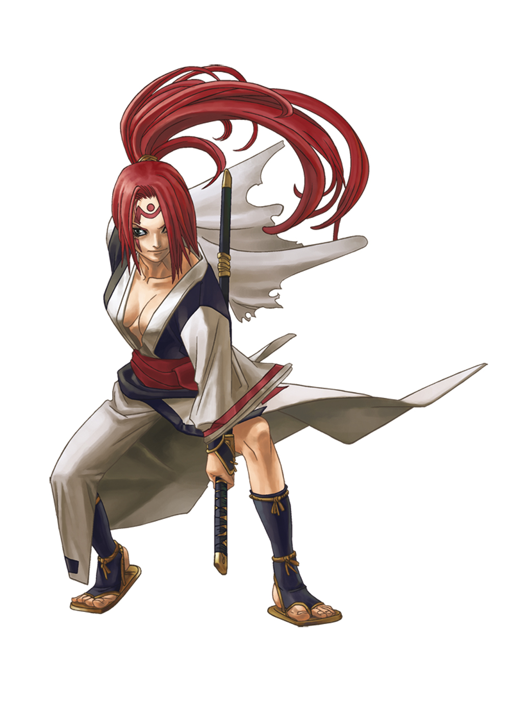 ishiwatari daisuke, baiken, arc system works, guilty gear, guilty gear isuka, guilty gear x, guilty gear xx, highres, official art, 1girl, amputee, armor, breasts, cleavage, female focus, hair over one eye, japanese armor, japanese clothes, katana, kimono, kote, long hair, obi, ponytail, red eyes, red hair, sandals, sash, scar, sheath, sheathed, simple background, solo, squatting, sword, toeless legwear, weapon, white background
