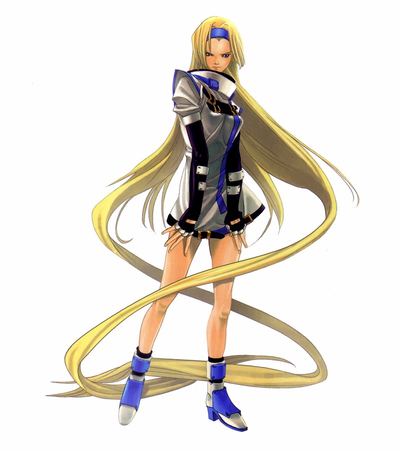 ishiwatari daisuke, millia rage, arc system works, guilty gear, guilty gear isuka, guilty gear x, guilty gear xx, official art, 1girl, blonde hair, blue eyes, dress, elbow gloves, female focus, fingerless gloves, frown, gloves, headband, legs, long hair, short dress, simple background, solo, very long hair