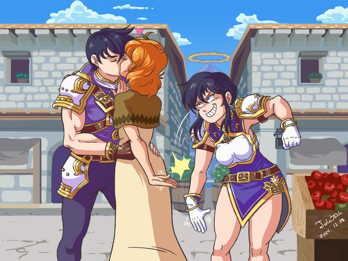 john chrom, lana (fire emblem), larcei (fire emblem), scathach (fire emblem), fire emblem, fire emblem: genealogy of the holy war, nintendo, commission, commissioner upload, 1boy, 2girls, apple, armor, bare legs, barrel, belt, black hair, blue sky, breastplate, brother and sister, closed eyes, cloud, couple, crate, dress, earrings, food, fruit, gloves, hair ornament, hairclip, hand on another's chest, hands on another's hips, heart, hetero, high five, jewelry, kiss, looking at another, market, market stall, motion lines, multiple girls, muscular, orange hair, outdoors, pants, purple tunic, short hair, shoulder armor, siblings, sidelocks, sky, sleeveless, smile, thighs, tomboy, tunic, twins