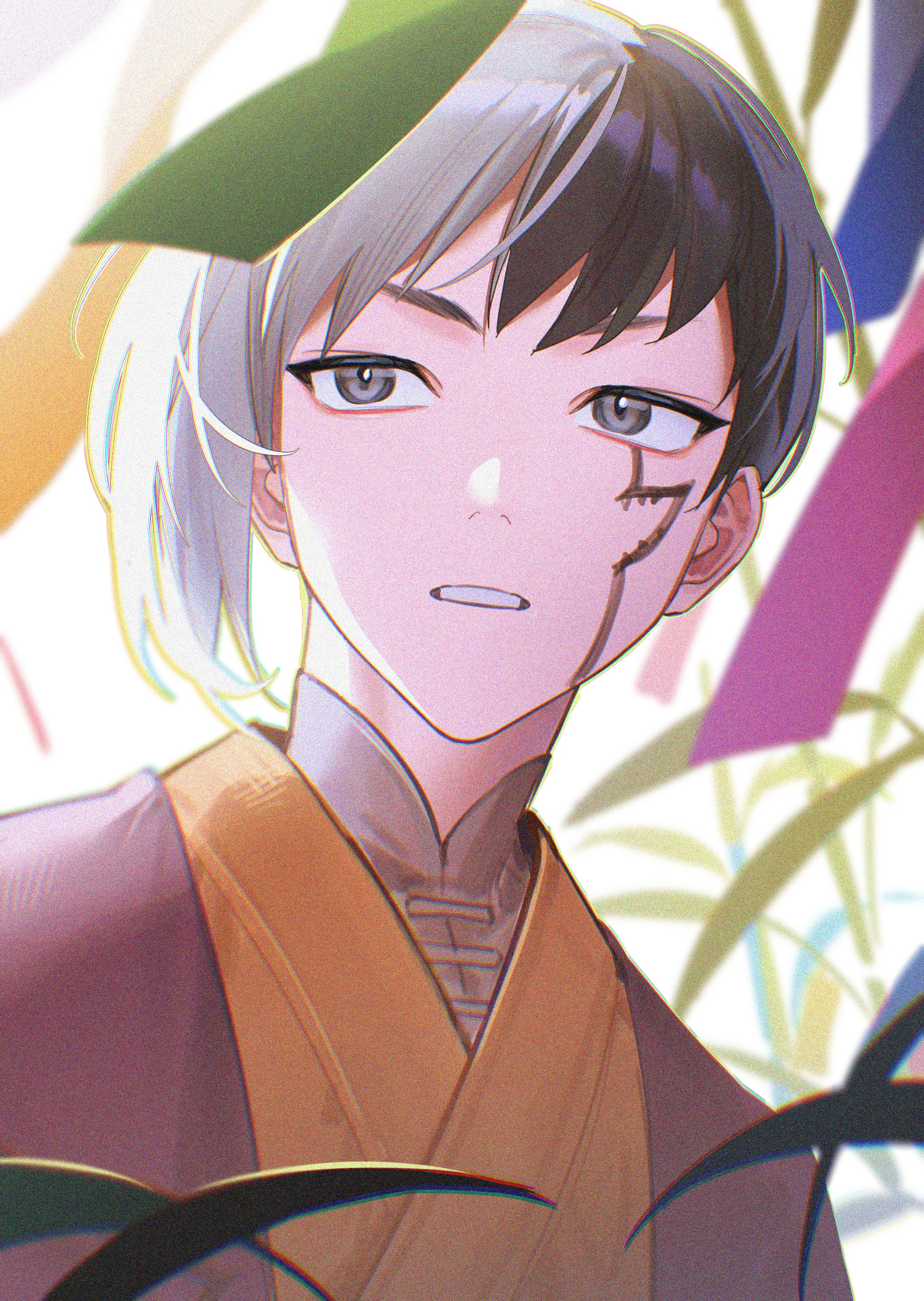 kaohom503 2, asagiri gen, dr. stone, absurdres, commentary, highres, symbol-only commentary, 1boy, black hair, grey eyes, looking to the side, male focus, multicolored hair, short hair, simple background, solo, split-color hair, teeth, two-tone hair, upper body, white background, white hair