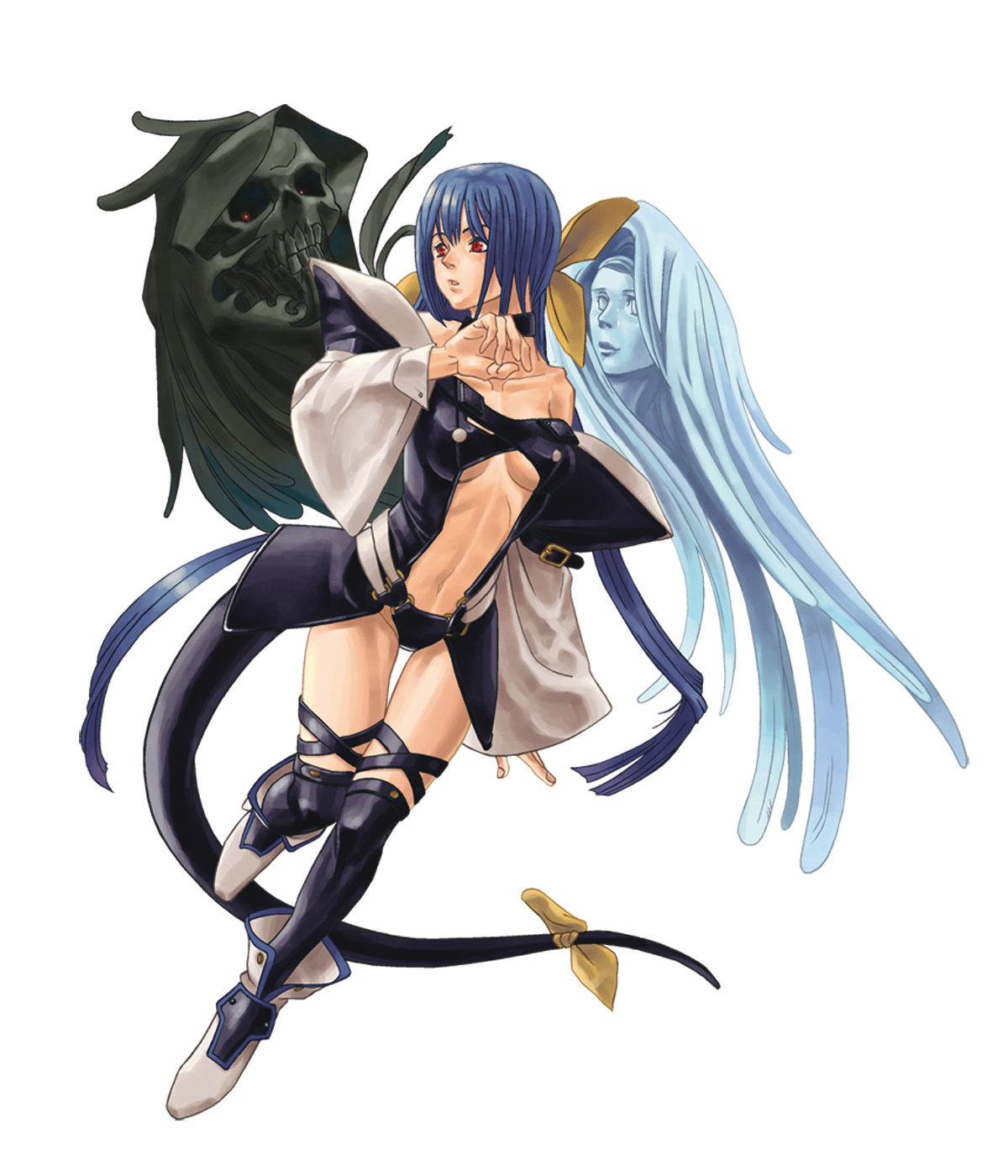 ishiwatari daisuke, dizzy (guilty gear), necro (guilty gear), undine (guilty gear), arc system works, guilty gear, guilty gear isuka, guilty gear x, guilty gear xx, highres, official art, 1girl, asymmetrical wings, blue hair, breasts, hair ribbon, legs, navel, red eyes, ribbon, tail, tail ornament, tail ribbon, thighhighs, wings