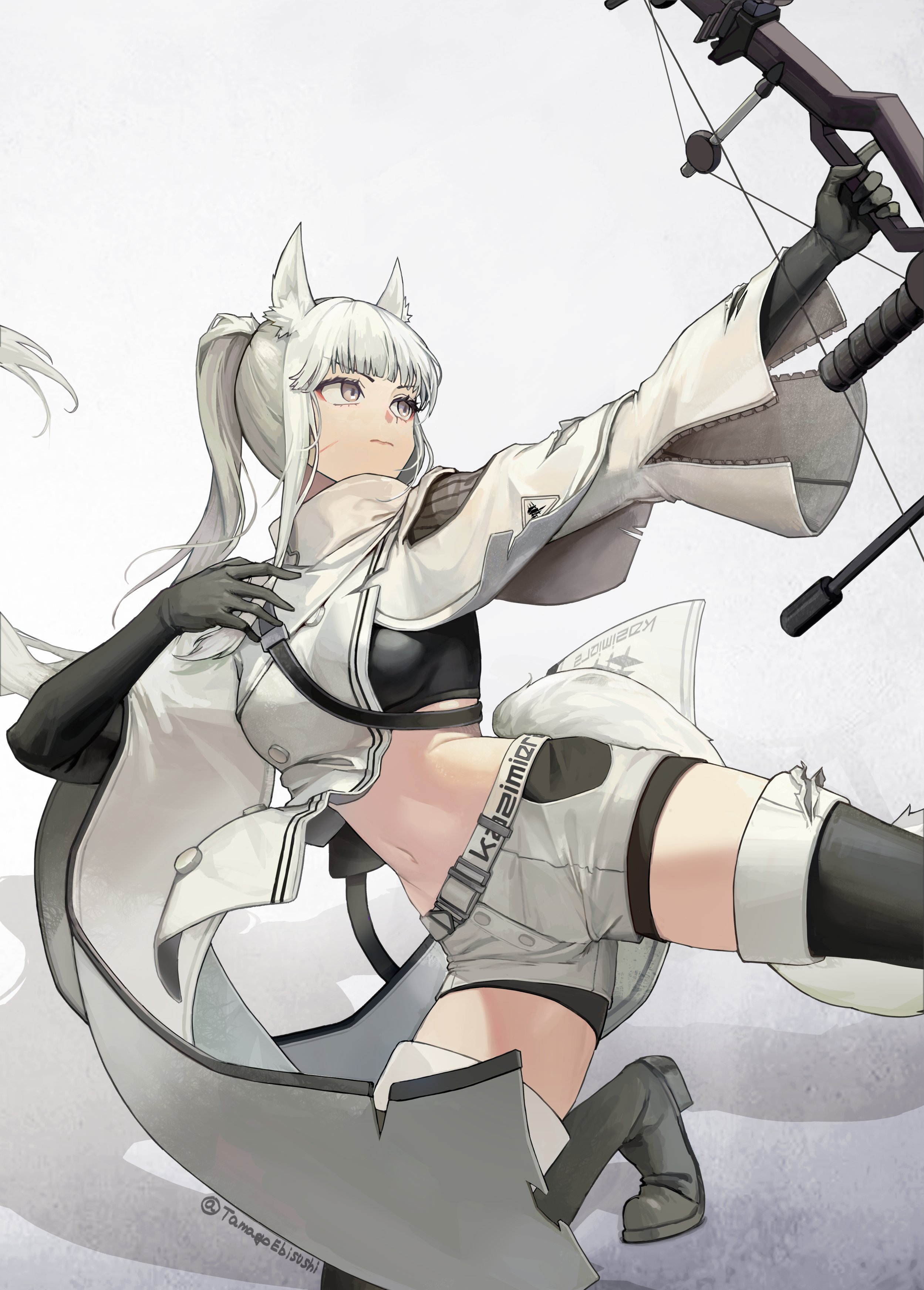 platinum (arknights), arknights, absurdres, highres, 1girl, animal ear fluff, animal ears, bike shorts, bike shorts under shorts, black gloves, boots, bow (weapon), breasts, compound bow, facial scar, gloves, grey eyes, holding, holding bow (weapon), holding weapon, horse ears, horse girl, horse tail, jacket, long hair, midriff, navel, ponytail, scar, scar on cheek, scar on face, shorts, solo, tail, tamago ebi, thigh boots, torn clothes, twitter username, weapon, white hair, white jacket, white shorts