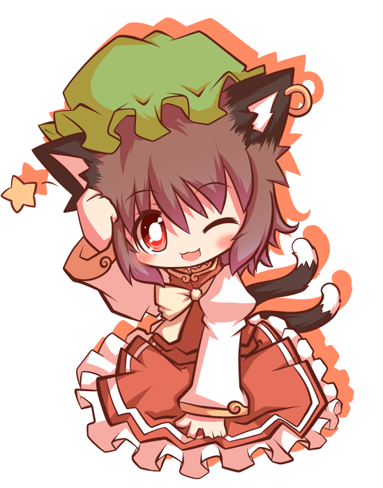 mori no kaeru, chen, touhou, 1girl, animal ears, brown hair, cat ears, cat girl, cat tail, chibi, dress, earrings, female focus, full body, hat, jewelry, multiple tails, red eyes, solo, star (symbol), tail, white background