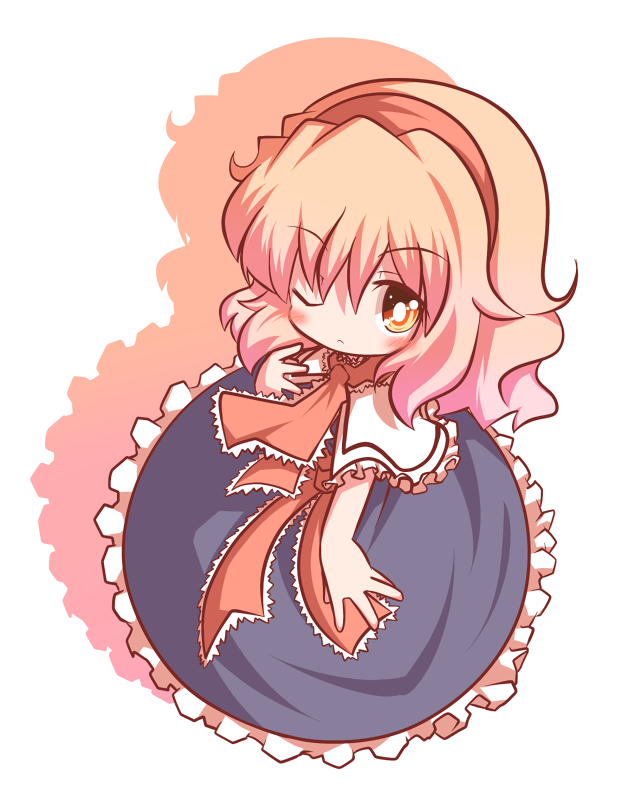 mori no kaeru, alice margatroid, touhou, 1girl, ascot, blonde hair, blush, capelet, chibi, dress, female focus, hairband, looking at viewer, one eye closed, simple background, solo, yellow eyes