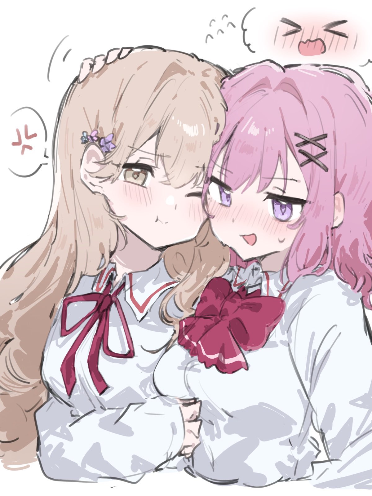 amaori renako, sena ajisai, watashi ga koibito ni nareru wake naijan murimuri!, commentary request, highres, > <, 2girls, ;t, anger vein, ashigaya high school uniform, blush, bow, bowtie, brown eyes, brown hair, cheek-to-cheek, collared shirt, cropped torso, flower, flying sweatdrops, hair flower, hair ornament, hairclip, hand on another's head, hand on another's stomach, heads together, long hair, long sleeves, mesugakisaikou, multiple girls, one eye closed, pink hair, purple eyes, red bow, red bowtie, school uniform, shirt, small sweatdrop, spoken anger vein, spoken expression, wavy mouth, white shirt, x hair ornament, yuri