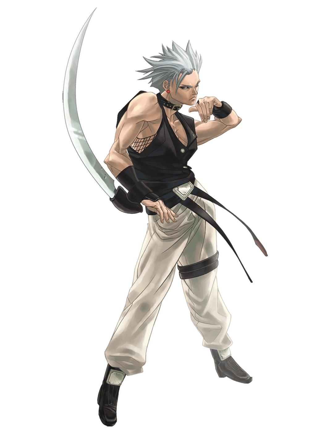 ishiwatari daisuke, chipp zanuff, arc system works, guilty gear, guilty gear isuka, guilty gear x, guilty gear xx, silver hair, highres, official art, 1boy, choker, full body, male focus, muscular, ninja, pants, solo, thigh strap, white pants