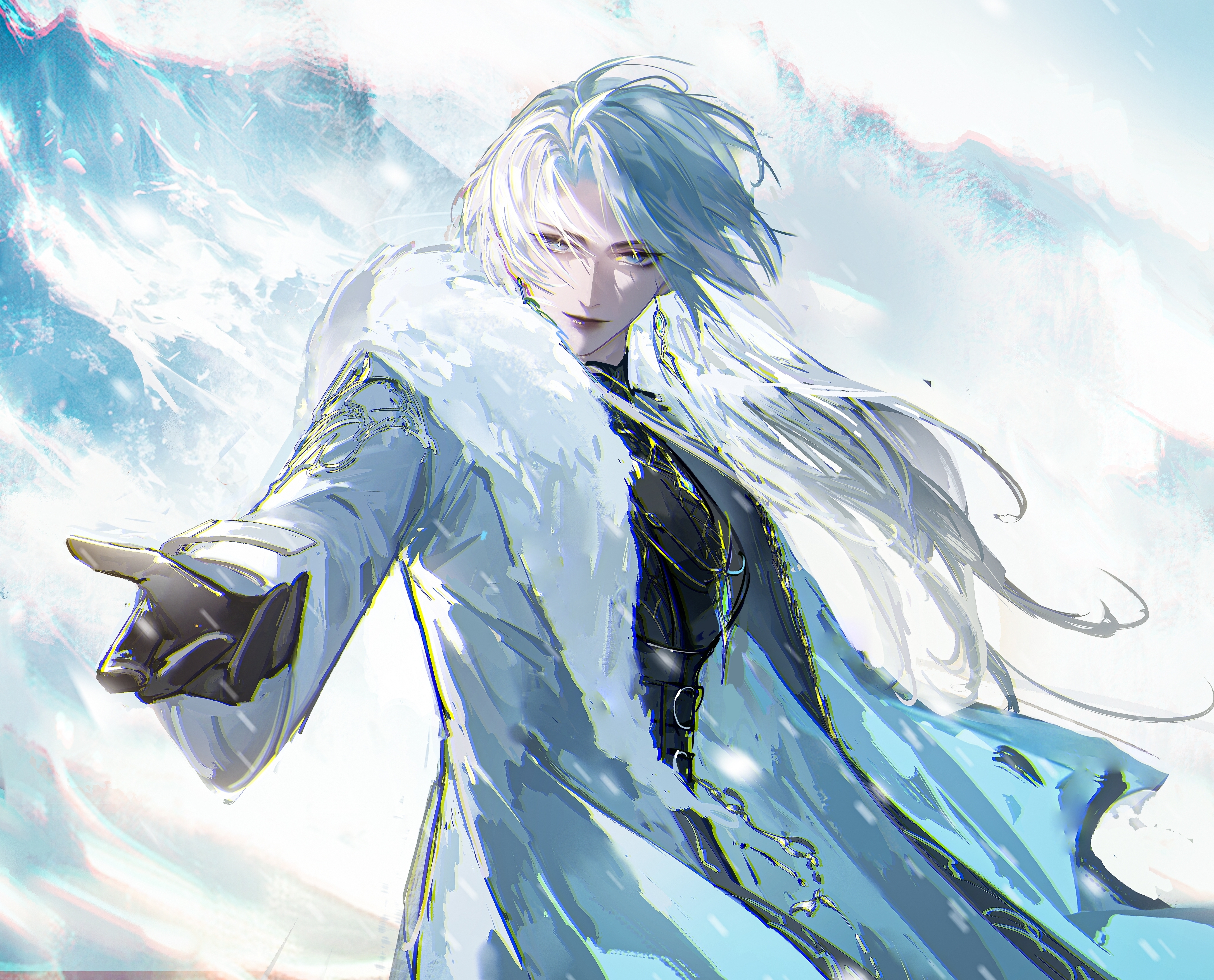 qingci, zoya (path to nowhere), path to nowhere, absurdres, commentary, english commentary, highres, 1girl, alternate costume, black gloves, blue eyes, chromatic aberration, coat, earrings, floating clothes, floating hair, from side, fur-trimmed coat, fur collar, fur trim, gloves, jewelry, long hair, looking at viewer, mountain, necklace, open clothes, open coat, outdoors, reaching, reaching towards viewer, smile, snow, snowing, solo, upper body, white coat, white hair