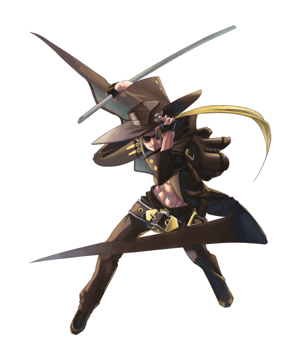 ishiwatari daisuke, johnny (guilty gear), arc system works, guilty gear, guilty gear isuka, guilty gear x, guilty gear xx, highres, official art, 1boy, blonde hair, coat, full body, hat, male focus, manly, simple background, solo, sunglasses, sword, trench coat, weapon