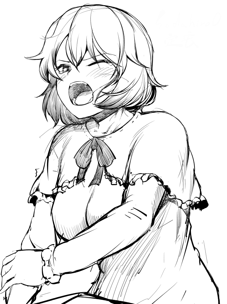 sadahiro (chicken nugget gyuuniku aji), kazami yuuka, touhou, commentary request, 1girl, blush, bow, bowtie, breasts, greyscale, large breasts, long sleeves, looking at viewer, monochrome, nightgown, one eye closed, open mouth, short hair, simple background, sketch, solo, upper body, yawning