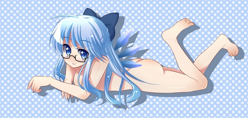binsen, cirno, embodiment of scarlet devil, touhou, bad id, bad pixiv id, 1girl, alternate hairstyle, bad anatomy, bad feet, barefoot, bespectacled, blue eyes, blue hair, blush, bow, feet, female focus, glasses, long hair, matching hair/eyes, nude, poorly drawn, solo, wings