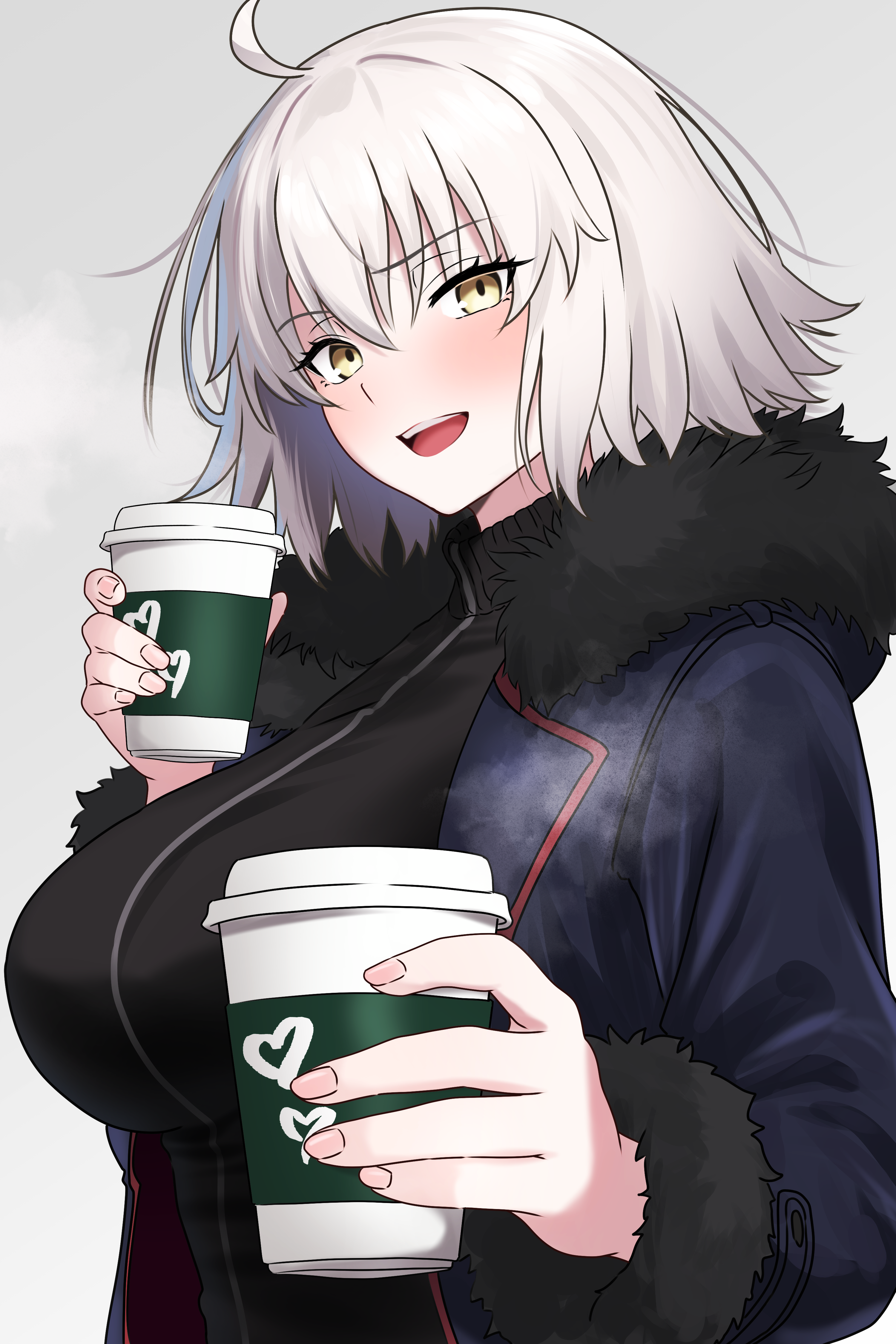 bamboo tac, jeanne d'arc alter (avenger) (fate), jeanne d'arc alter (fate), jeanne d'arc alter (ver. shinjuku 1999) (fate), fate/grand order, fate (series), absurdres, highres, 1girl, adapted costume, ahoge, black sweater, blue coat, blush, breasts, coat, cup, disposable coffee cup, disposable cup, fur-trimmed coat, fur trim, grey hair, large breasts, long sleeves, looking at viewer, open clothes, open coat, open mouth, short hair, smile, solo, sweater, yellow eyes