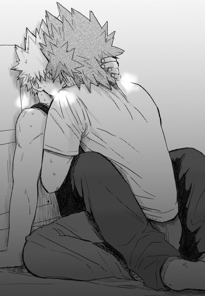 bakugou katsuki, kirishima eijiro, boku no hero academia, commentary request, 2boys, between legs, blush, french kiss, from behind, greyscale, kiss, male focus, monochrome, multiple boys, no shoes, pants, screentones, shirt, short hair, spiked hair, sweat, tango nai, tank top, yaoi