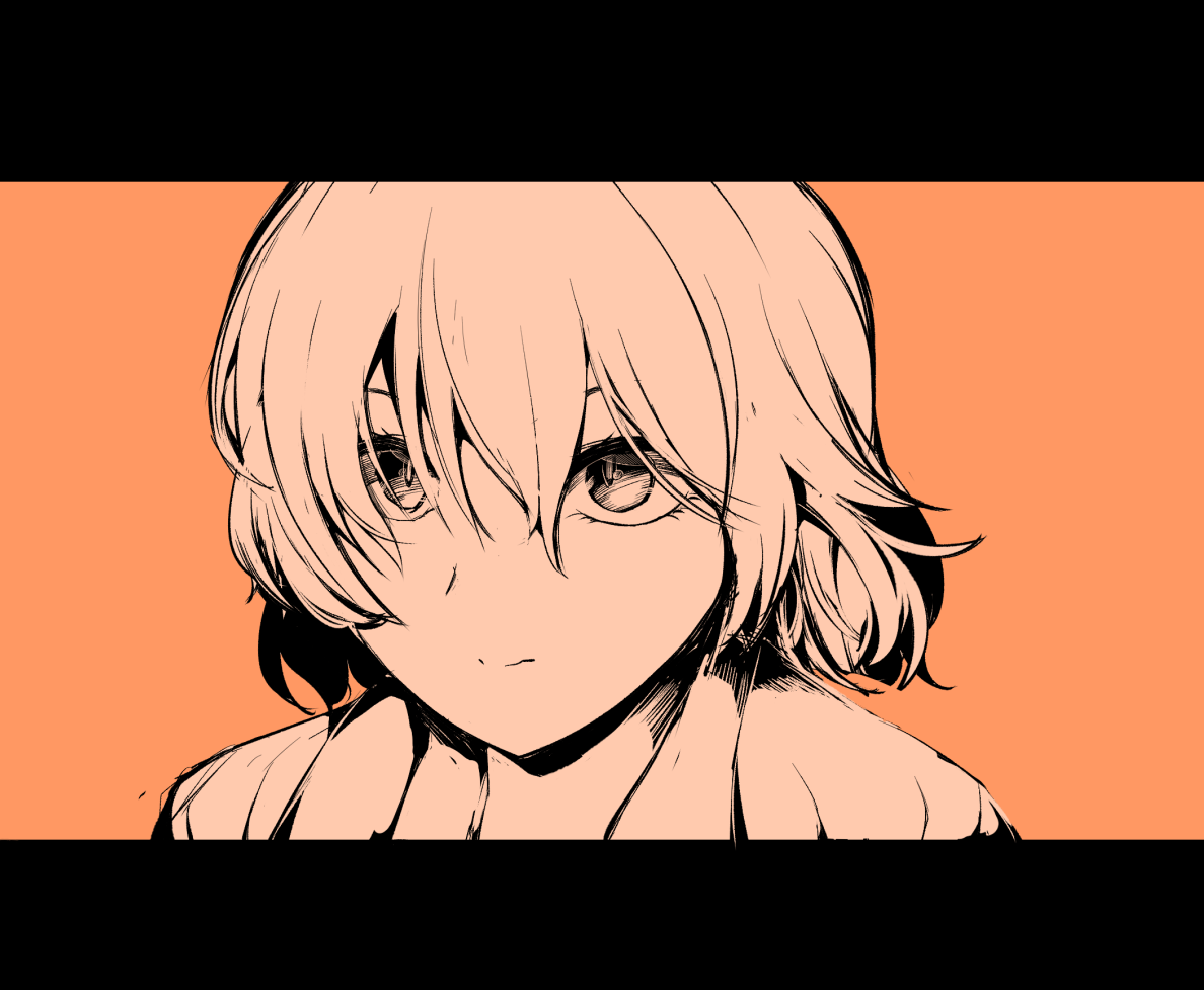 sadahiro (chicken nugget gyuuniku aji), kazami yuuka, touhou, commentary request, 1girl, closed mouth, expressionless, hair between eyes, letterboxed, looking at viewer, orange theme, portrait, short hair, simple background, solo