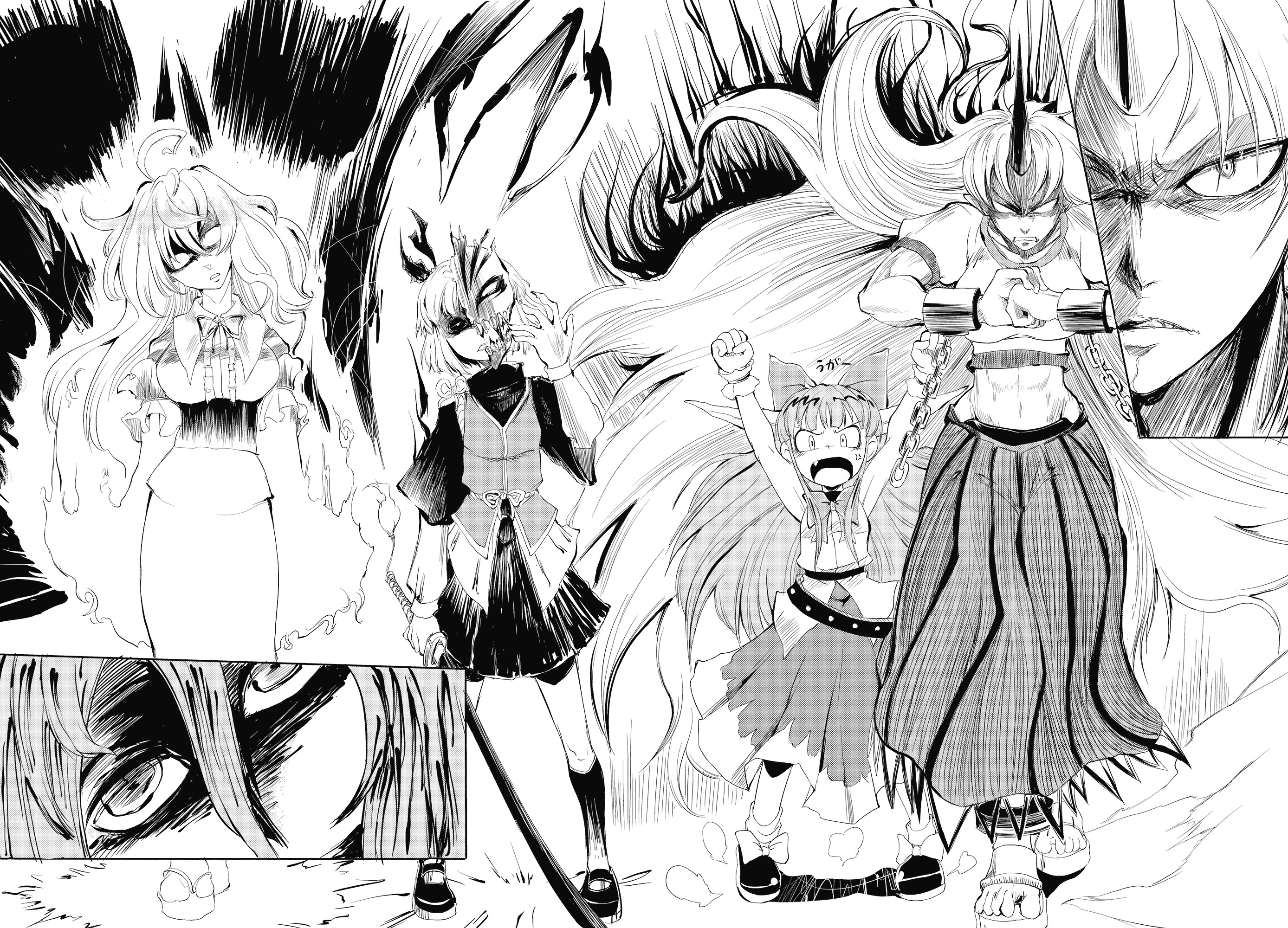sayakata katsumi, hoshiguma yuugi, ibuki suika, konpaku youmu, saigyouji yuyuko, bleach, touhou, highres, 4girls, abs, angry, crossover, greyscale, hollow (bleach), hollow mask, horns, katana, long hair, mask, monochrome, multiple girls, odd one out, oni, parody, ribbon, single horn, skull, sword, very long hair, weapon