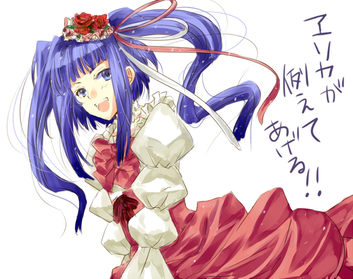 orimoto asami, furudo erika, umineko no naku koro ni, 00s, 1girl, blue eyes, blue hair, bow, female focus, lolita fashion, matching hair/eyes, pink bow, solo, twintails