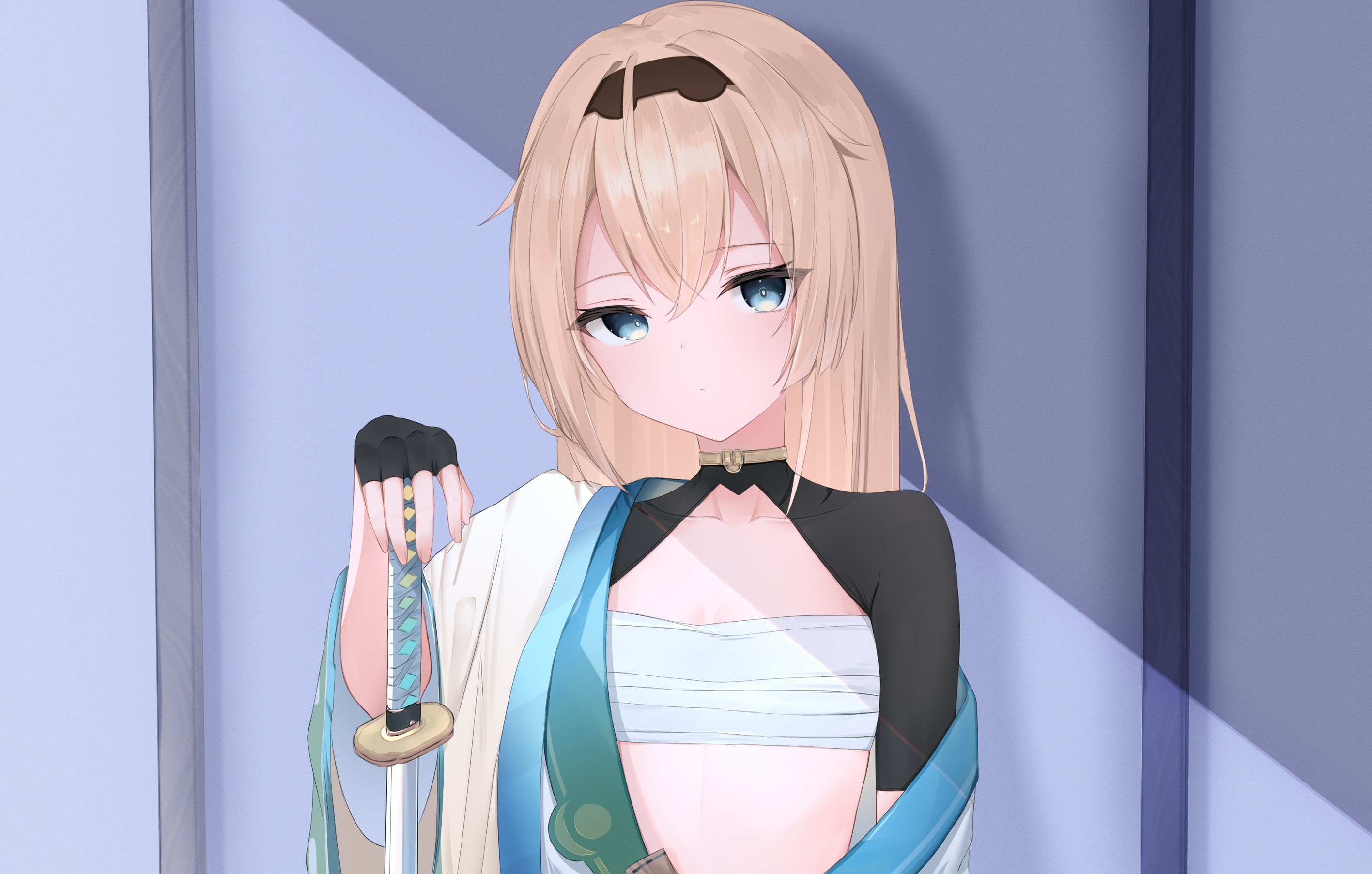 riya (01214), kazama iroha, kazama iroha (1st costume), hololive, commentary request, highres, 1girl, black gloves, black hairband, blonde hair, blue eyes, blush, breasts, closed mouth, collarbone, covered collarbone, fingerless gloves, gloves, hair between eyes, hairband, hand on hilt, japanese clothes, katana, kimono, long hair, long sleeves, looking at viewer, off shoulder, sarashi, small breasts, solo, sword, upper body, virtual youtuber, weapon, white kimono, wide sleeves