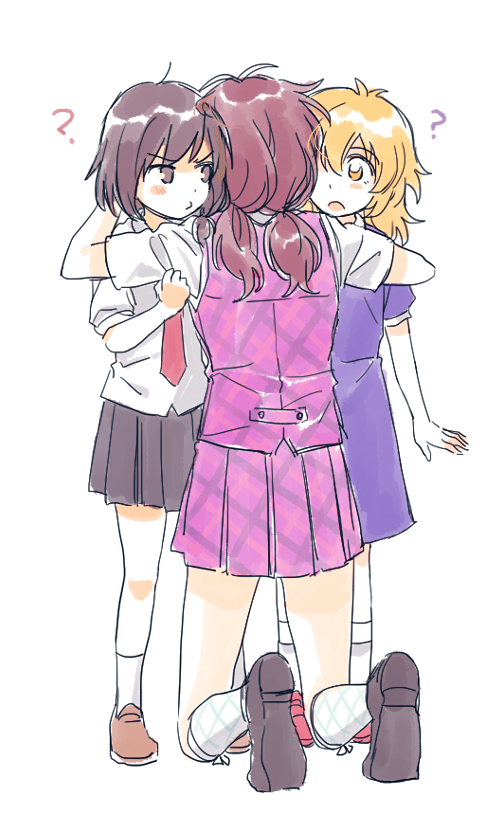 re ghotion, maribel hearn, usami renko, usami sumireko, touhou, commentary request, hashtag-only commentary, 2girls, ?, aged down, ankle socks, black skirt, blonde hair, blush, brown eyes, brown hair, brown shoes, dress, facing away, full body, hug, kneeling, low twintails, multiple girls, necktie, no headwear, open mouth, pink skirt, pink vest, plaid clothes, plaid skirt, plaid vest, pout, purple dress, red necktie, red shoes, shirt, shoes, short sleeves, simple background, skirt, socks, standing, twintails, vest, white background, white shirt, white socks
