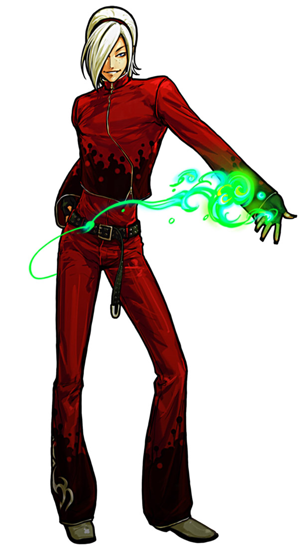 hiroaki (kof), ash crimson, snk, the king of fighters, the king of fighters xi, official art, 1boy, androgynous, aura, belt, fingerless gloves, fingernails, fire, freckles, gloves, green fire, hair over one eye, hand on own hip, long fingernails, magic, male focus, pants, pyrokinesis, red pants, solo, trap
