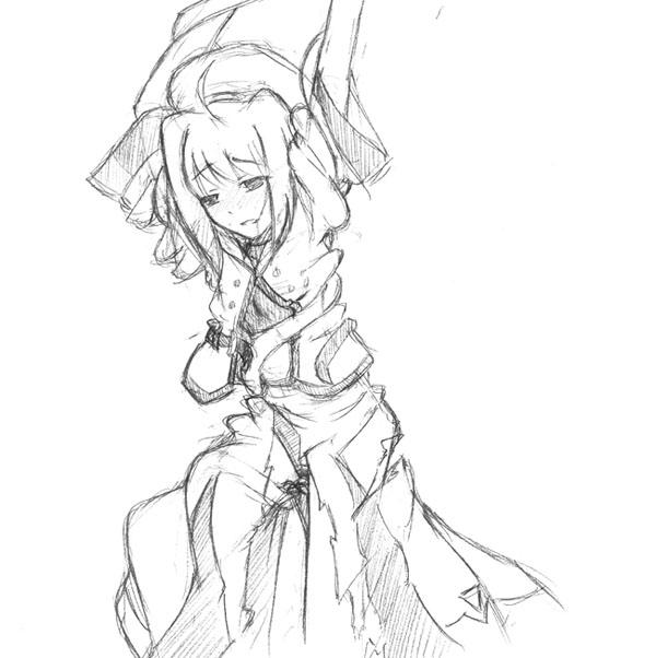 gottsu, caro ru lushe, lyrical nanoha, mahou shoujo lyrical nanoha, mahou shoujo lyrical nanoha strikers, 00s, 1girl, ahoge, arms up, dress, female focus, greyscale, monochrome, short hair, simple background, solo, standing, tentacles, white background