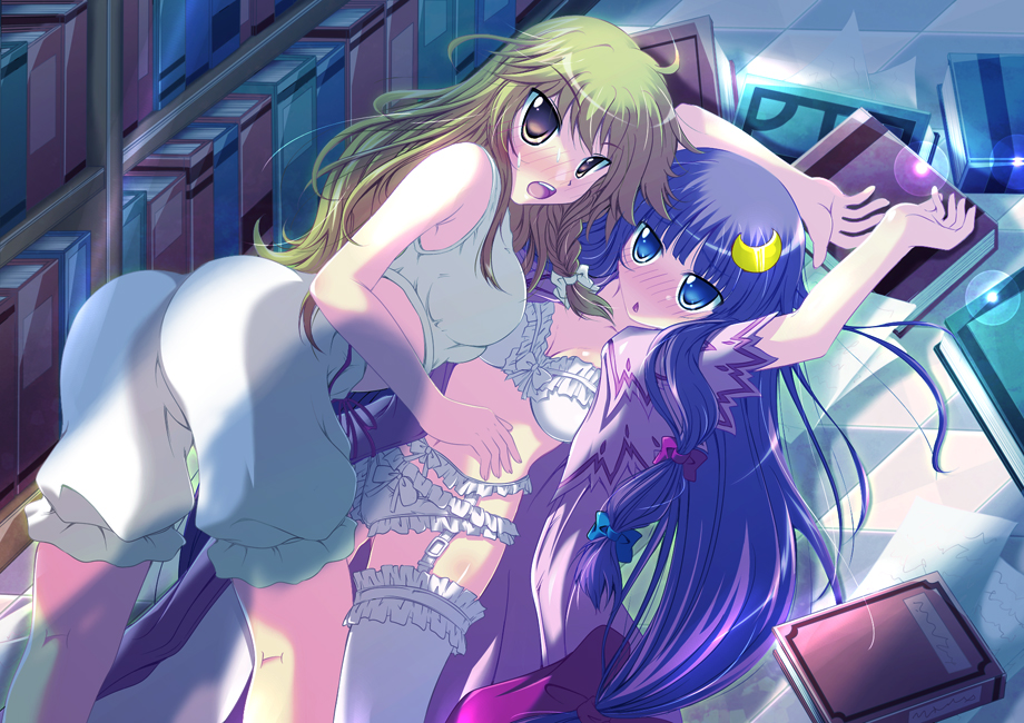 na! (na'mr), kirisame marisa, patchouli knowledge, touhou, 2girls, ass, blonde hair, bloomers, blue eyes, book, bra, braid, crescent, crescent hair ornament, female focus, garter belt, hair ornament, lingerie, long hair, multiple girls, panties, purple hair, short hair, thighhighs, underwear, yellow eyes, yuri