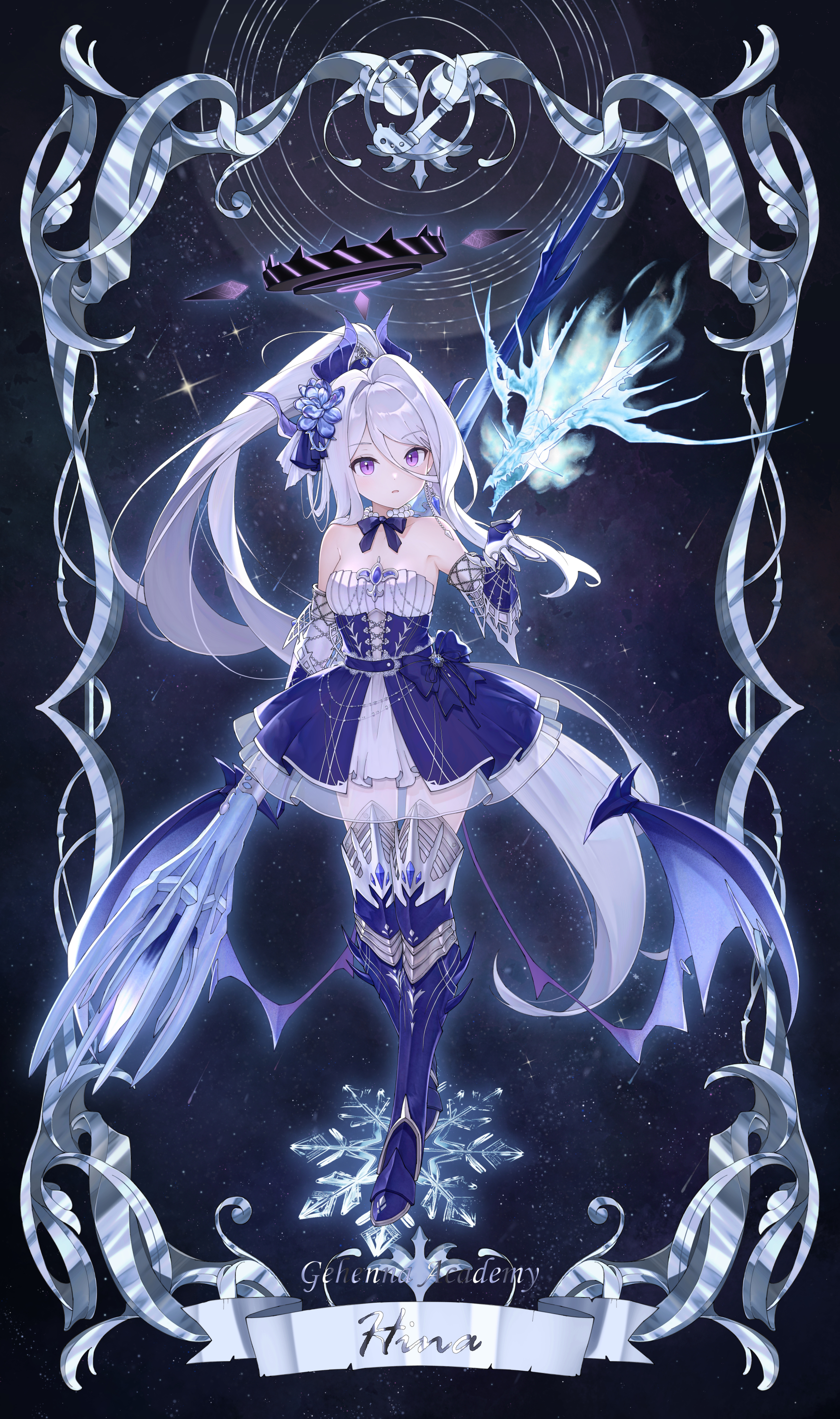 xgao, hina (blue archive), monster hunter (character), blue archive, monster hunter: world, monster hunter (series), monster hunter world: iceborne, absurdres, commentary request, costume request, highres, 1girl, alternate costume, alternate hairstyle, bare shoulders, black halo, boots, breasts, character name, collarbone, cosplay, demon girl, demon horns, demon wings, detached sleeves, dress, elbow gloves, flower, full body, gloves, hair between eyes, hair flower, hair ornament, hair ribbon, halo, holding, holding polearm, holding weapon, horns, ice, ice crystal, long hair, looking at viewer, monster hunter (character) (cosplay), multicolored halo, parted lips, polearm, ponytail, purple eyes, ribbon, short sleeves, sidelocks, small breasts, solo, standing, strapless, strapless dress, thigh boots, thighhighs, two-tone halo, weapon, wings, zettai ryouiki