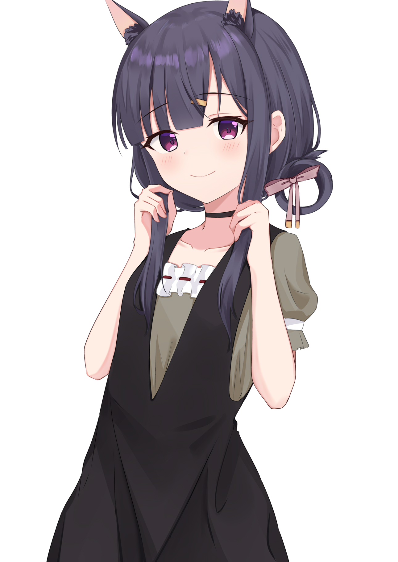 riya (01214), princess connect!, commentary request, highres, 1girl, animal ear fluff, animal ears, black dress, black hair, blush, closed mouth, collarbone, dress, grey shirt, hair rings, hands up, holding, holding own hair, kiri (princess connect!), puffy short sleeves, puffy sleeves, purple eyes, ribbon-trimmed shirt, ribbon trim, shirt, short sleeves, simple background, smile, solo, white background
