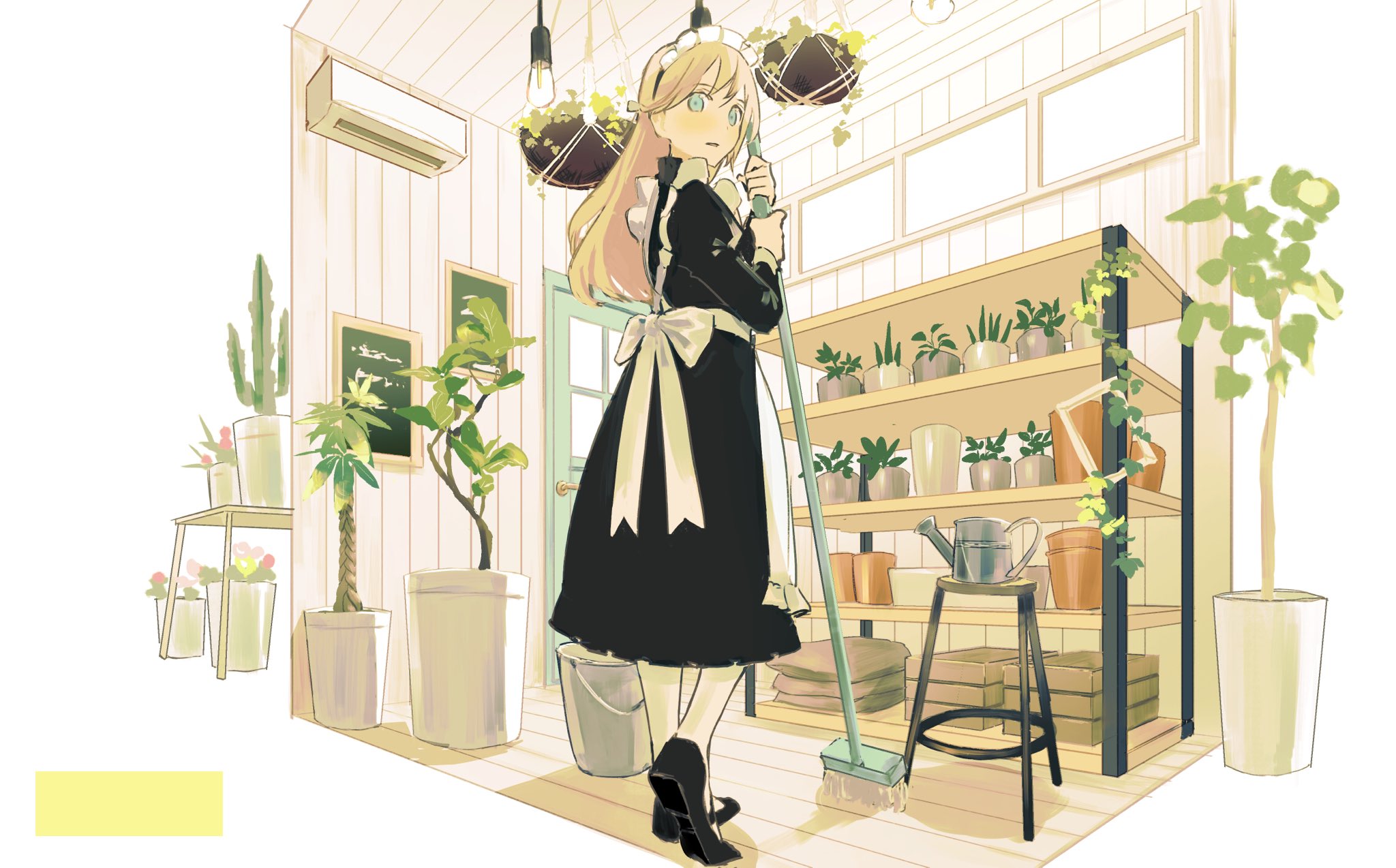 alt (apou), original, commentary request, highres, 1girl, air conditioner, apron, back bow, black dress, black shoes, blonde hair, blue eyes, bow, bucket, door, dress, from behind, full body, hands up, hanging light, hanging plant, holding, holding mop, indoors, juliet sleeves, light bulb, long hair, long sleeves, looking back, looking down, maid, maid apron, maid headdress, mary janes, mop, pantyhose, parted lips, plant, potted plant, puffy sleeves, shoes, solo, standing, watering can, white apron, white bow, white headdress, white pantyhose, window, wooden floor