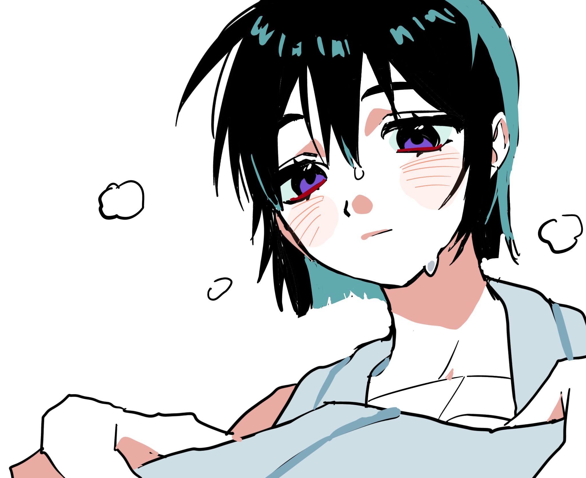 sua (alien stage), alien stage, commentary request, highres, korean commentary, 1girl, black hair, bob cut, closed mouth, gyel, purple eyes, short hair, solo, sweat