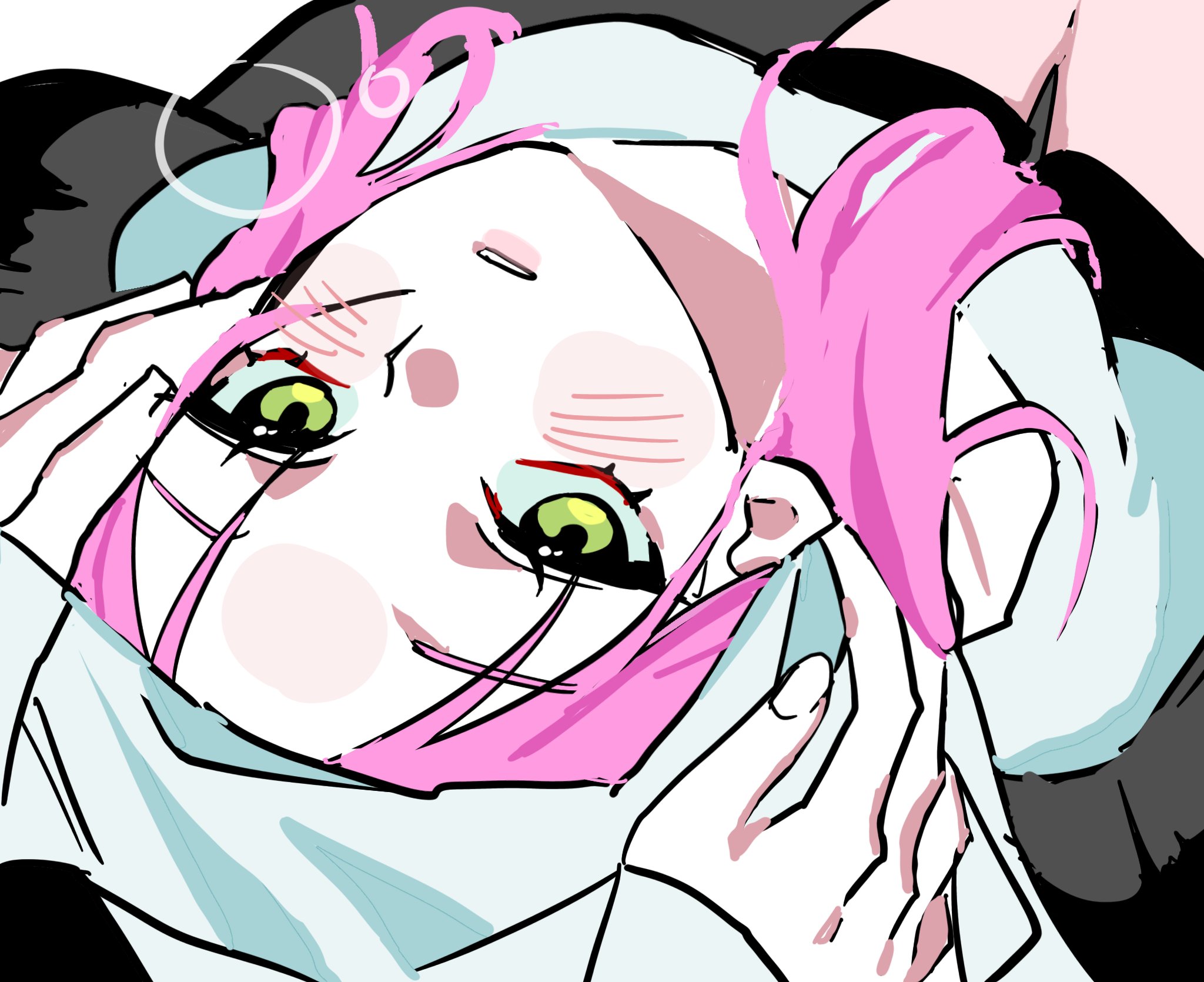 mizi (alien stage), alien stage, commentary request, highres, korean commentary, green eyes, gyel, hands on another's head, head back, long hair, parted lips, sitting